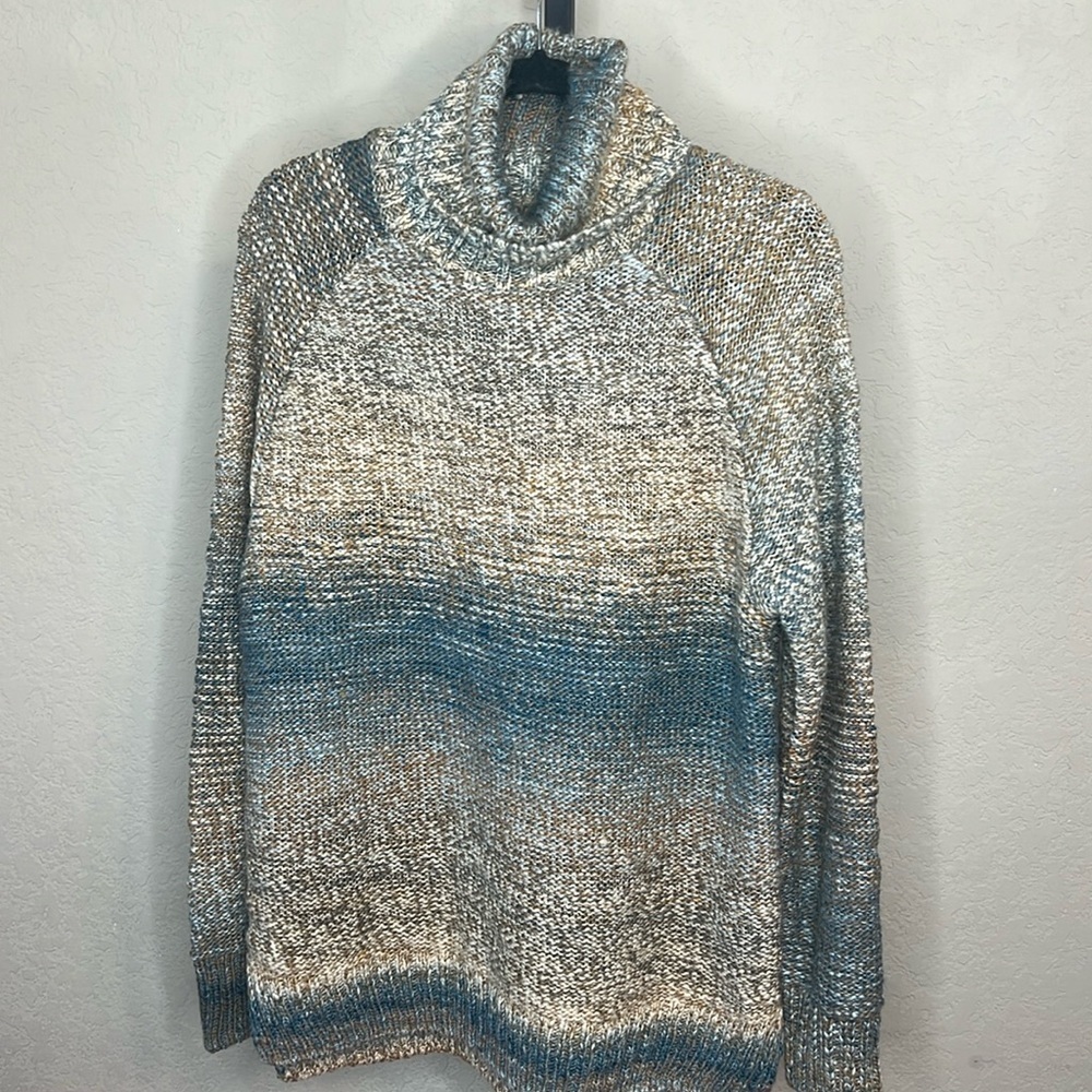 145 - Prana NWOT Tan, Blue Turtle Neck Sweater, Size Medium